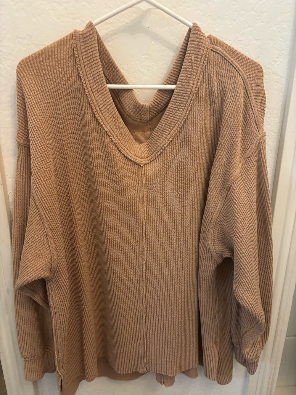 aerie Waffle Knit V-Neck Top in Camel Brown